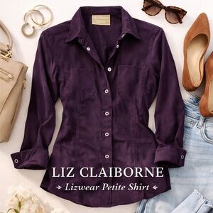 Liz Claiborne Lizwear Petite Button Up Shirt Purple Long Sleeve Small Petite